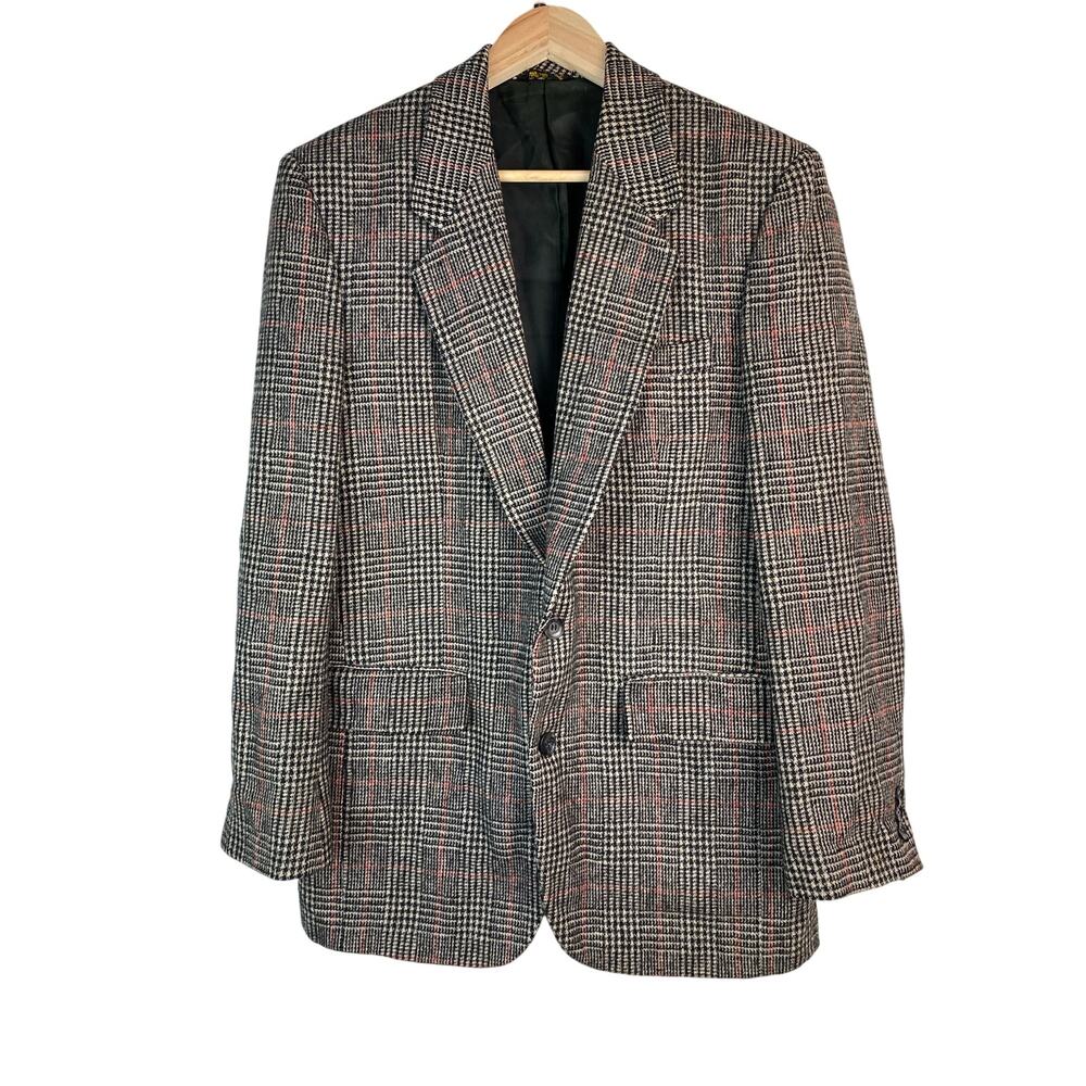 Bronzini Men's 40R Lined 100% Wool Black Red Classic Plaid‎ Blazer *